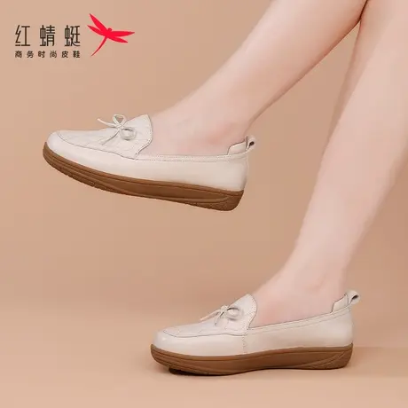 红蜻蜓女鞋春季白色一脚蹬懒人鞋小皮鞋软底豆豆鞋女2024新款真皮图片