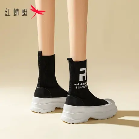 红蜻蜓弹力袜瘦瘦靴2023新款秋季厚底显瘦马丁靴女款中筒靴袜子靴商品大图