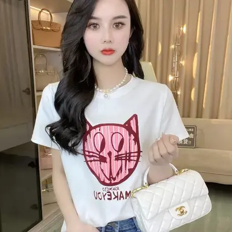 白色猫咪短袖T恤女夏季2023新款春卡通印花减龄纯棉宽松圆领上衣图片