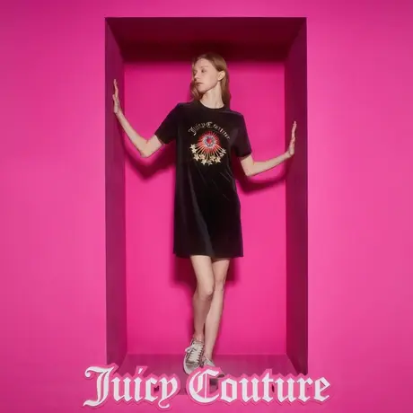 Juicy Couture橘滋2023新款夏装连衣裙焰火之心绣花丝绒连衣裙图片