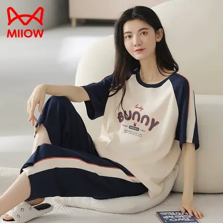 猫人睡衣女士春秋夏季纯棉短袖薄款七分裤家居服套装2023年新款商品大图
