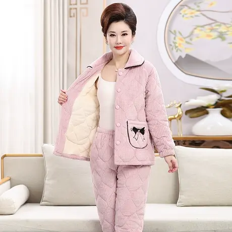 睡衣女冬季中老年妈妈三层夹棉加厚加绒珊瑚绒保暖大码家居服套装商品大图