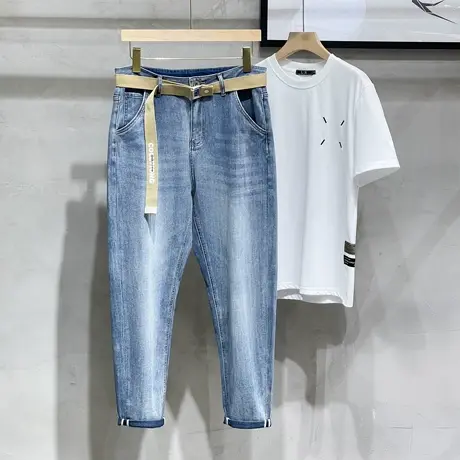 送腰带冰丝牛仔裤男士春夏季薄款2023新款潮牌修身小脚休闲九分裤图片