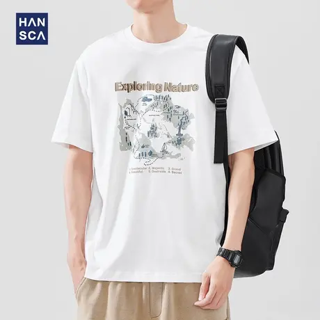 hansca 日系宽松圆领白色短袖t恤男2025夏季新款潮牌印花休闲上衣商品大图