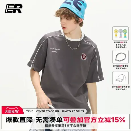 ER美式撞色短袖2025夏季新款潮牌复古圆领宽松T恤上衣男女同款商品大图