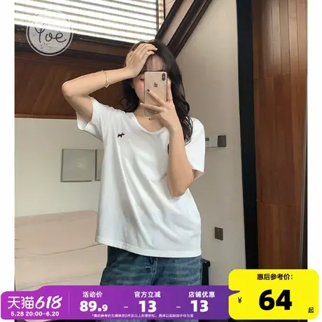 yoe微透竹节棉U领短袖t恤女上衣夏季新款宽松白色薄款女款上衣正商品大图
