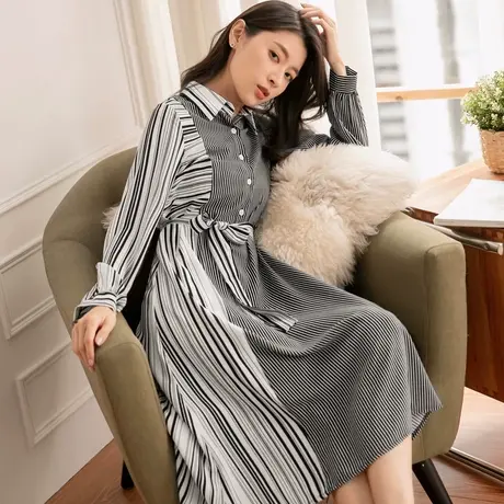 桔熊春秋季不对称条纹拼接衬衫领长裙子女收腰连衣裙大码DA8940图片