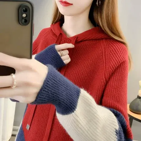 拼色连帽毛衣女宽松2023春秋冬新款韩版上衣时尚慵懒风针织衫卫衣商品大图
