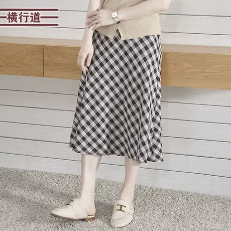2023夏季新款韩版淑女松紧腰撞色格子中长款半身裙大码显瘦女外穿图片