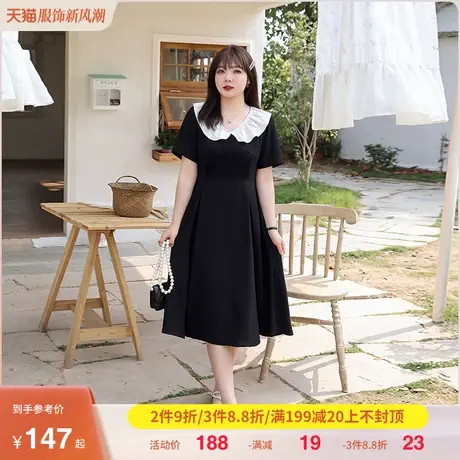 大码女装显瘦胖MM小黑裙2023年夏季新款法式复古荷叶边长款连衣裙图片