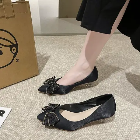 小皮鞋女2023年秋季新款浅口尖头细跟蝴蝶结单鞋配裙子时尚高跟鞋商品大图