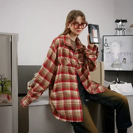 复古红格子衬衫女春秋装2023年新款ins潮牌上衣宽松oversize衬衣图片