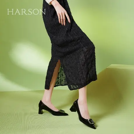 哈森方扣哈森单鞋女春季新款尖头粗跟通勤百搭小皮鞋HWS240100商品大图