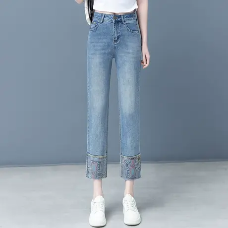 拉夏贝尔拼接烟管牛仔裤女秋2025新款小个子九分国风新中式直筒裤商品大图