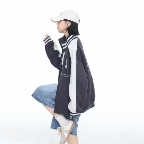 美式复古学院风撞色立领开衫拉链卫衣女春秋新款cleanfit夹克外套图片