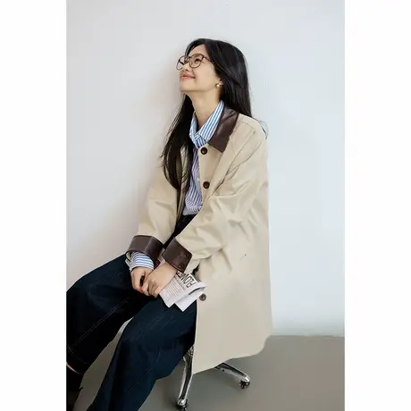 弥古撞色翻领中长款皮领风衣外套女春秋高级感小个子时尚宽松大衣图片