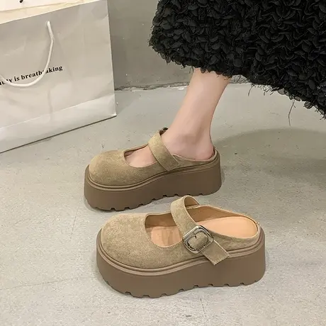 厚底包头半拖鞋女2025新款秋季增高小个子气质勃肯鞋百搭懒人鞋子商品大图