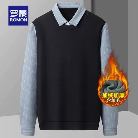 【含羊毛+加绒保暖】罗蒙针织假两件2025冬季新款加厚打底毛衫男图片
