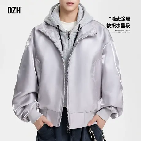 男士连帽假两件外套2025新款潮流礼服液态金属缎面上衣夹克男秋季商品大图