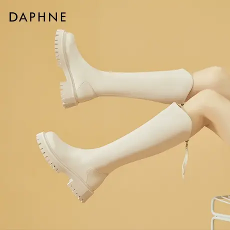 达芙妮白色长筒靴女秋冬加绒高筒骑士靴粗腿大筒围胖mm大筒围靴子商品大图