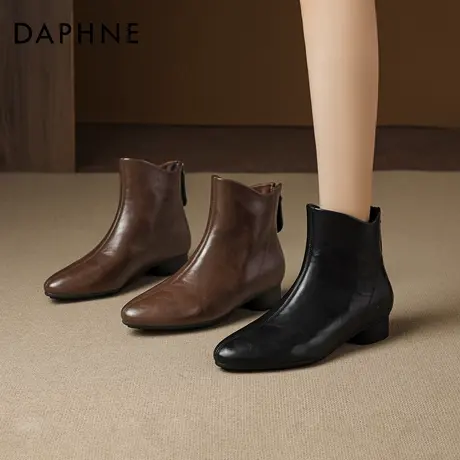 达芙妮棕色靴子尖头短靴女款秋2026新款复古马丁靴法式切尔西皮靴图片