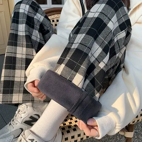 黑白格毛呢裤女秋冬季休闲裤宽松拖地直筒加绒加厚高腰格子阔腿裤图片