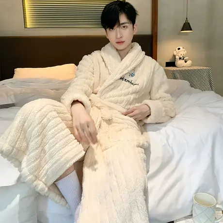 珊瑚绒睡袍男冬季加绒加厚长款2023新款秋冬款法兰绒男士睡衣冬天商品大图