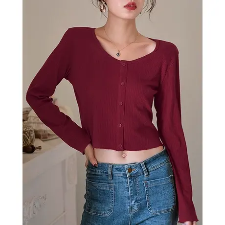 弥古复古红色t恤女长袖薄款法式短款上衣秋季内搭打底衫港风女装图片