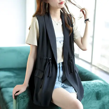 宝诗黎黑色薄款春季西装马甲新款抽绳收腰宽松外套女2023无袖上衣商品大图