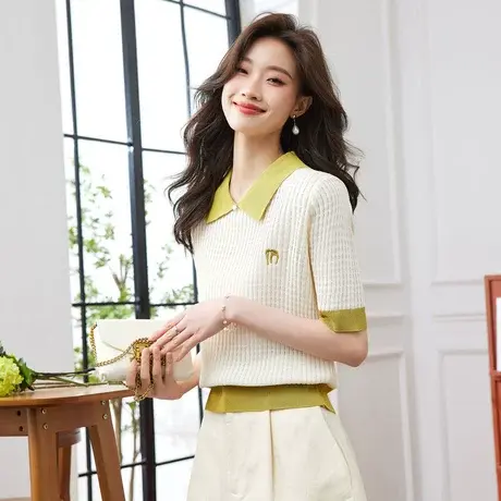 时尚气质减龄短袖翻领针织衫女士2023年夏季新款通勤百搭上衣商品大图