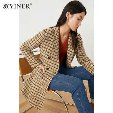 YINER音儿商场同款女装2021冬季新款格纹西装领羊毛呢大衣商品大图
