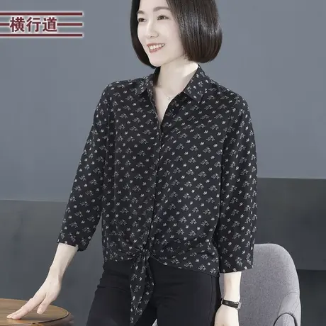 春季新款翻领雪纺衬衫外搭宽松印花中年妈妈中袖外穿系带衬衣外套图片