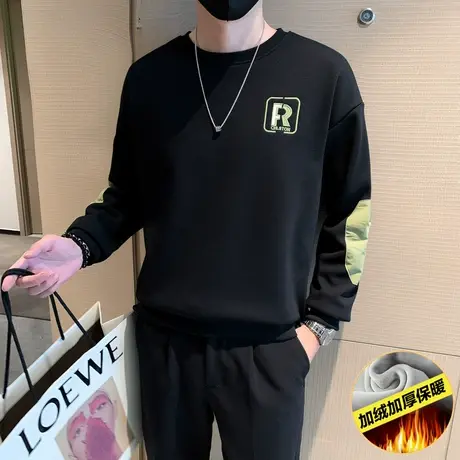 秋冬款加绒卫衣男潮流拼色刺绣字母上衣冬装爆款青年加厚内搭t恤商品大图