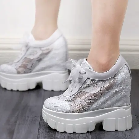 13CM内增高松糕鞋坡跟薄款仙女风结婚蕾丝网纱厚底婚纱神器小白鞋商品大图