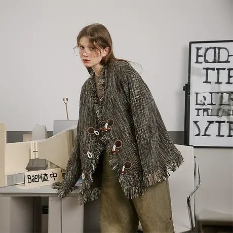 美式复古毛边设计感外套女春秋2023新款宽松羊角扣小众上衣ins潮商品大图