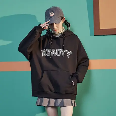 唐狮春秋加绒连帽美式学院风套头卫衣外套女宽松上衣设计感ins潮图片