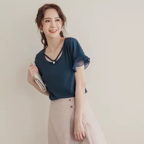 桔熊夏季韩版微性感露锁骨领拼接雪纺荷叶袖上衣女神大码AB12935图片