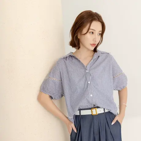 桔熊夏季休闲宽松条纹衬衫翻领蕾丝拼接泡泡袖上衣女大码AB18948商品大图