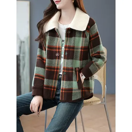 宝诗黎翻领格子拼接宽松短外套2023春秋季新款洋气开衫女时尚上衣商品大图
