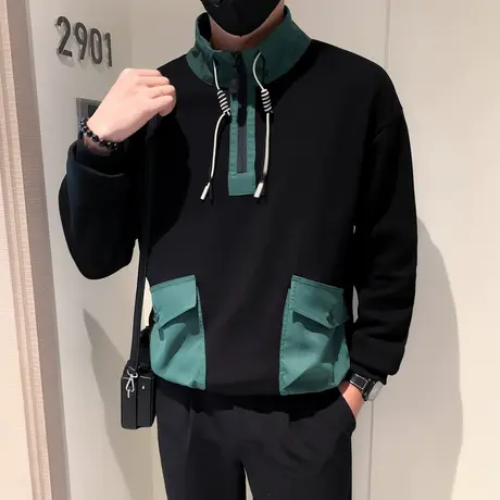 春秋季立领半拉链卫衣男个性撞色拼接设计感工装上衣外套体恤外套图片