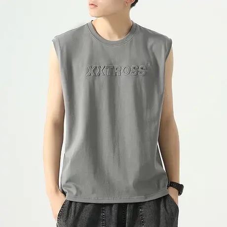 270g重磅棉感无袖t恤男生夏季潮牌字母钢印背心男士休闲帅气坎肩商品大图