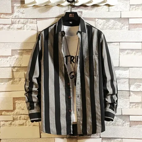 男士条纹衬衫2025春季新款寸衫宽松长袖衬衣春装外套韩版潮流上衣商品大图