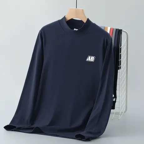 重磅纯棉t恤男士长袖半高领秋冬内搭打底衫中领秋衣小衫全棉体恤商品大图