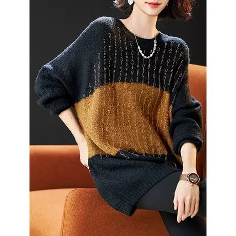 宝诗黎圆领烫钻撞色宽松慵懒针织衫女长袖套头毛衣2023秋冬季新款商品大图