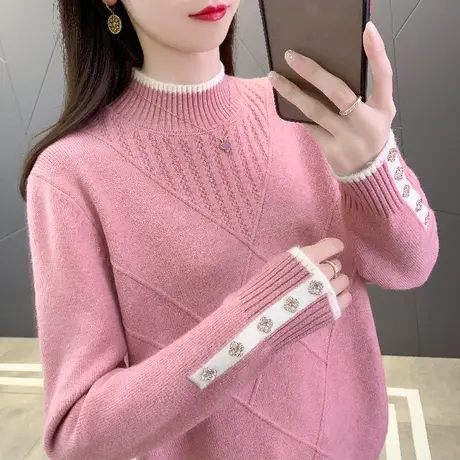 新品半高领粉色毛衣女款2023新款秋冬外穿网红爆款针织打底衫上衣图片