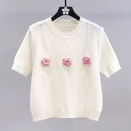 立体花朵短袖针织衫女2023年夏季新款设计感小众洋气显瘦短款T恤图片