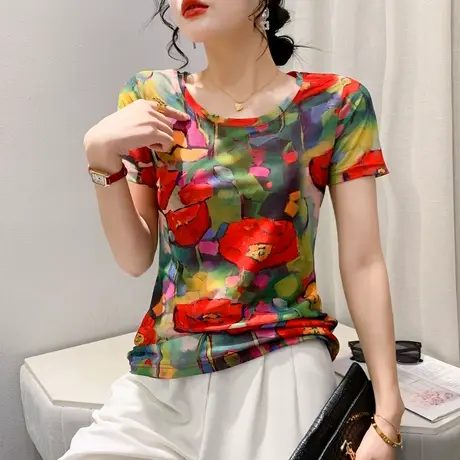 撞色印花T恤女短袖2024夏季新款性感网纱小衫修身圆领上衣半袖ins商品大图