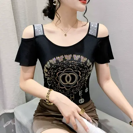 时尚烫钻T恤女短袖夏季2024新款性感一字领网纱上衣紧身气质小衫商品大图