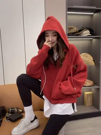 春秋卫衣女短款连帽宽松韩版纯色刺绣红色上衣2023新款卫衣外套潮商品大图