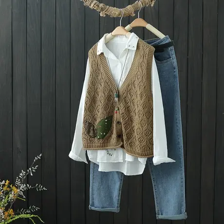 复古贴布棉线针织开衫马甲女外搭春秋季新款V领宽松无袖坎肩背心商品大图